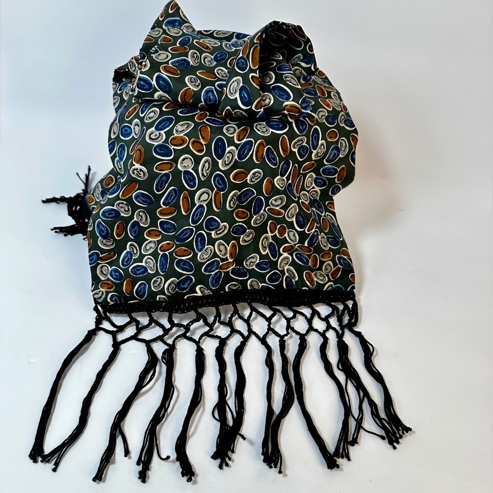 Vintage Fringe Neck Scarf Boho Retro Green Patterned Skinny Scarf - Picture 3 of 6